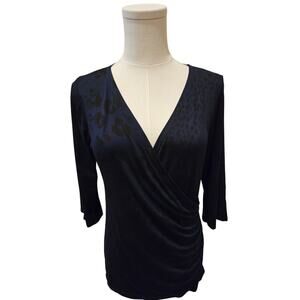 Salaam Wrap 3/4 Sleeve Blue Black Animal Print Medium USA Made Rayon NWT